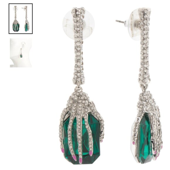 NWT BETSEY JOHNSON Green Crystal Skeleton Hand Drop Earrings Halloween Sparkly - Picture 1 of 2